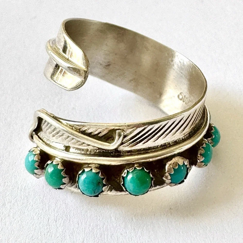 Navajo Turquoise Wrap Ring Feather‎ Sz 6 Adjustable Bypass Sterling Signed AD